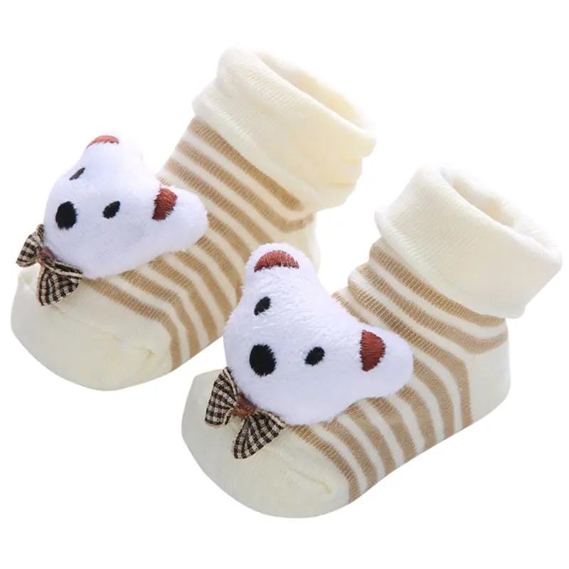 

HX5D Newborn Baby Prewalker Cotton Floor Socks Cute 3D Cartoon Animal Rainbow Stripe Anti-Skid Infant Cuffed Slipper Shoes