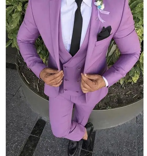 

2020 Men New suits Slim Fit Purple 3 Pieces Mens Formal Suits Tuxedos Blazers Suits Peak Lapel Best Men Grooms wedding suits