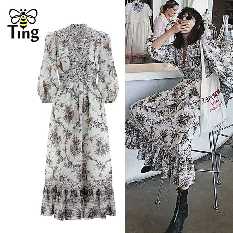 

Tingfly New Designer Button Open Collar Print Maxi Dress Women Winter Autumn Full Sleeve Bobo Dress Bohemian Long Vestidos