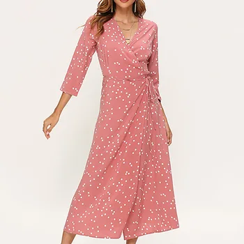 

Women Polka Dot Long Dress Boho Sexy V Neck Split Maxi Party Dress Three Quarter Sleeve Casual Bandage Wrap Dresses