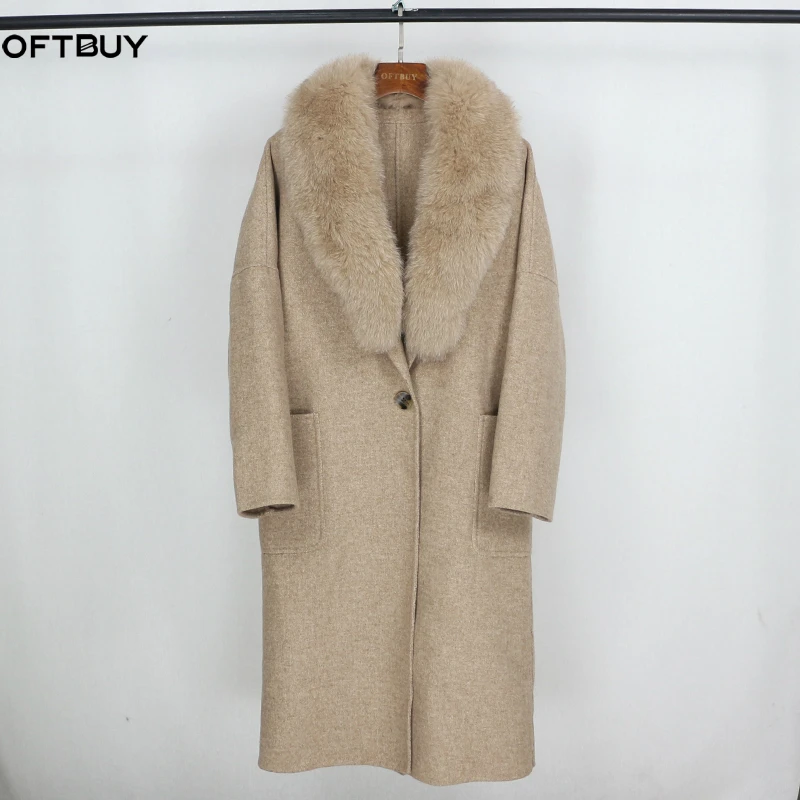 

OFTBUY 2019 Real Fur Coat Winter Jacket Women Natural Fox Fur Collar Cashmere Wool Blends Long Outerwear Single Button Ladies