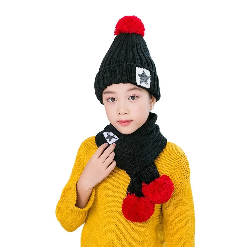Black Лидер продаж, детские вязаные шапочки и наборы шарфов Hailball Beanies, вязаные детские зимние комплекты из 2 предметов, зимние шапки для детей, зимняя шапка - Цвет: Black