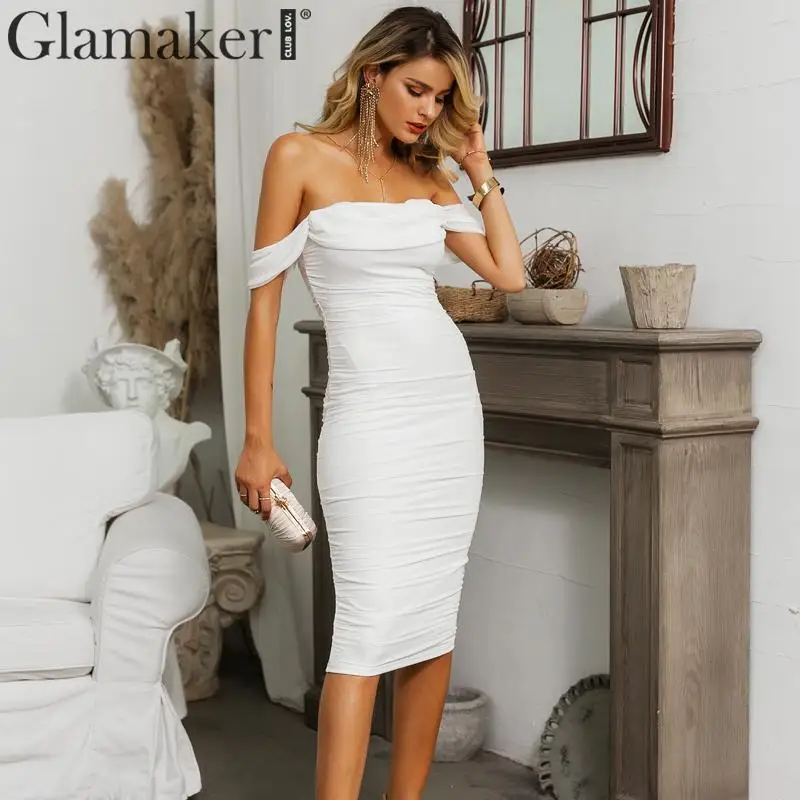 Женское вечернее платье миди Glamaker белое Сетчатое облегающее с открытыми плечами