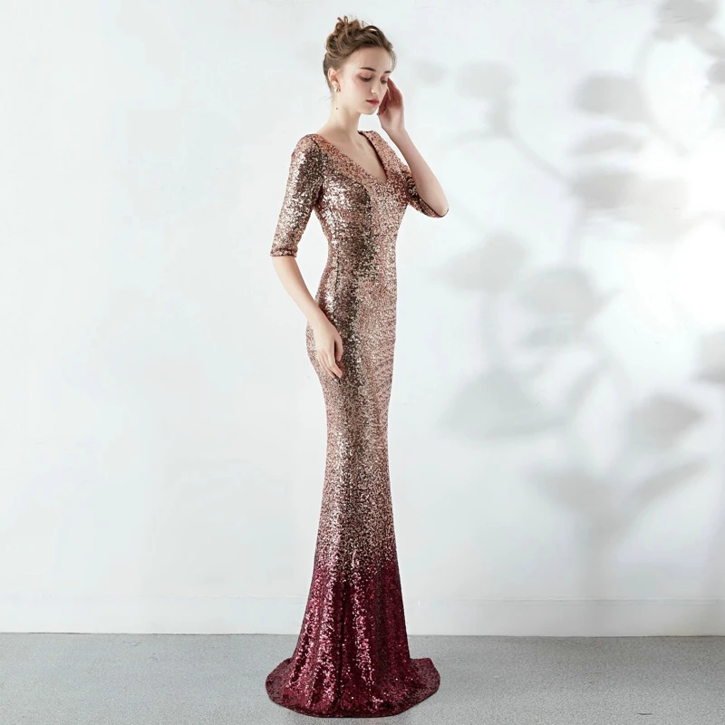 Robe De Soiree элегантные вечерние платья с пайетками YIDINGZS с коротким рукавом длинное вечернее платье YD16116