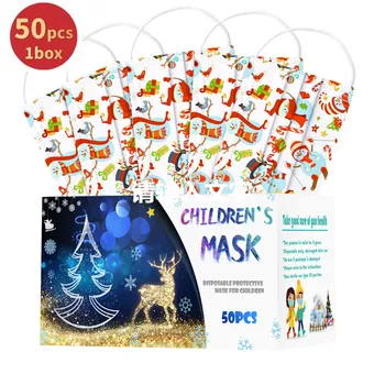 

50PC 50pcs Mix Christmas Print Children's Mask Non-woven Disposable Face Mouth Mask Kids Industrial 3ply Ear Loop Mask Face Cove