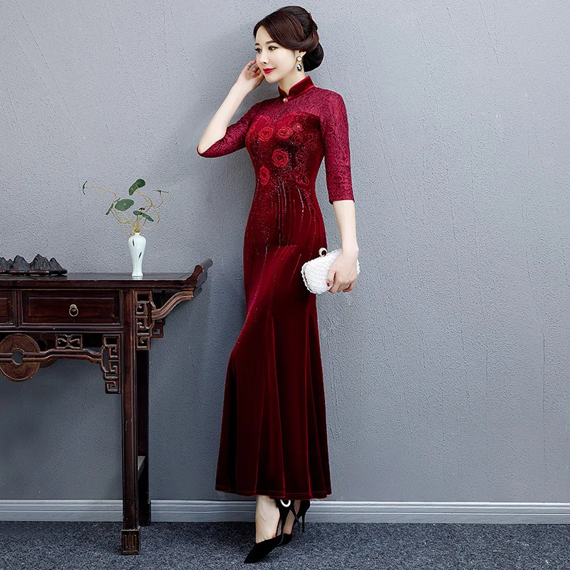 Элегантный длинный тонкий Женский Cheongsam Благородный Русалка китайское платье Традиционный китайский воротник Qipao изысканный бисер Vestidos