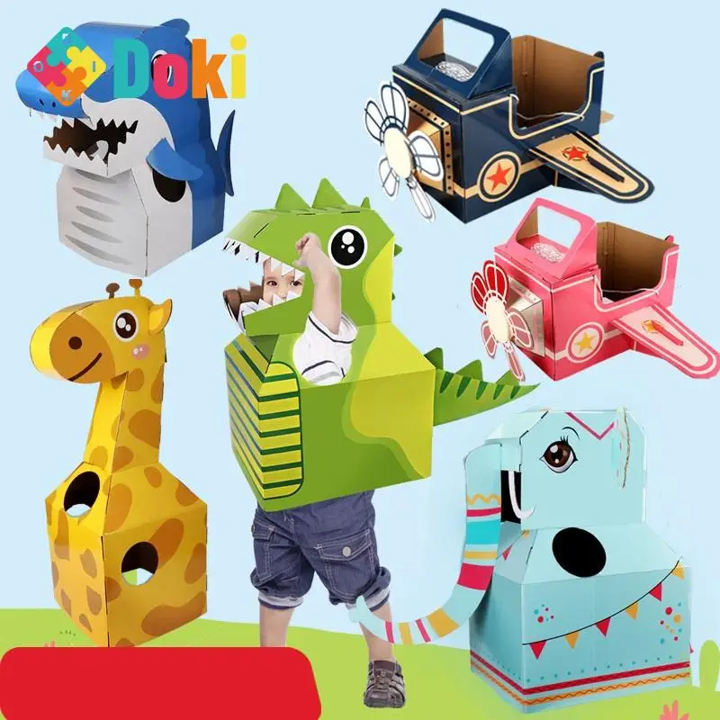 Doki Toy 2023 New Children's Toys To Wear Dinosaur Papery Box DIY Handmade Paper Dinosaur Toys Kindergarten Performance Clothing