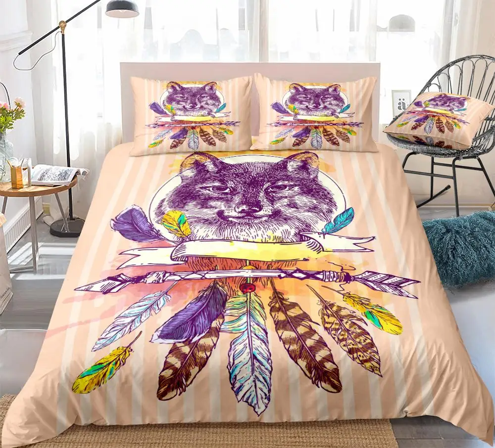 Волк пододеяльник набор Boho волчьи перья постельный комплект в