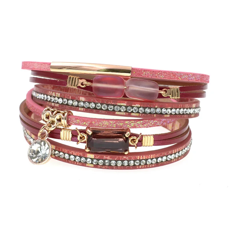WELLMORE NEW fashion glass bracelet leather charm bracelets for women Luxury Wedding Statement Jewelry Wholesale drop shipping