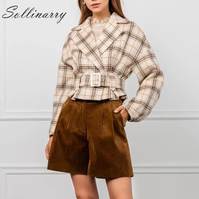 Sollinarry, модные клетчатые пальто, куртки, Осень-зима, женская уличная одежда, высокая талия, ремень, короткие куртки, женские пальто с латернским рукавом