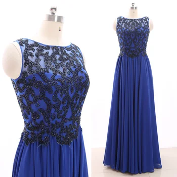 

MACloth Dark Blue A-Line O Neck Floor-Length Long Crystal Tulle Prom Dresses Dress M 266092 Clearance