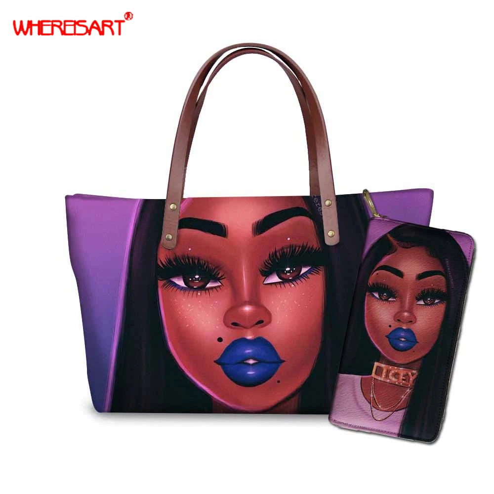 

WHEREISART Black Girls Magic Afro African Pattern Women Handbag with Purse Female Beach Bags Fashion Large Tote Girls Hand Bag