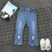 Ковбойские брюки в Корейском стиле для маленьких девочек г. Весенние эластичные брюки с поясом модные детские джинсы с бантом