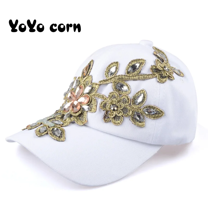 YOYOCORN бейсбольная кепка с цветком, парусиновая Кепка Snapback s для женщин, женская кепка, Высококачественная джинсовая кепка со стразами - Цвет: White