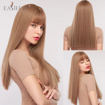 

EASIHAIR Long Brown Straight Women's wig with Bang Heat Resistant Synthetic Cosplay Wigs for Black Women Brazilian Perruques
