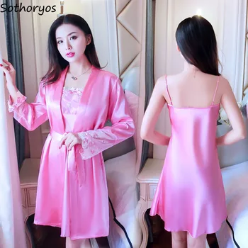 

Gown Sets Women Spring Summer Autumn Trendy Sleepwear High Quality Soft Loose Silk Sexy Home Clothing Chic Casual Simple Thin