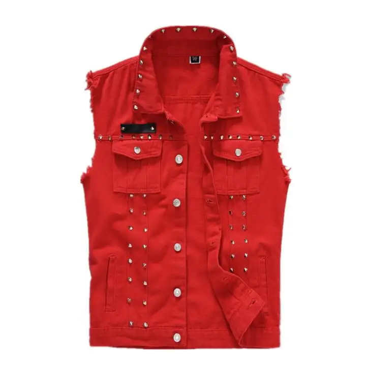 Men's Red Vests Hip Hop Rivet Sleeveless Vest Single Breasted Mens Slim
