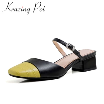 

Krazing pot fashion mixed colors genuine leather square toe women mules European design high heels shoes women summer pumps L55