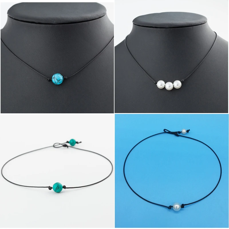 Fashion Green Blue Turquoises Pearl Charms Choker Necklace On Leather Cord For Women Handmade Choker Jewelry Gifts