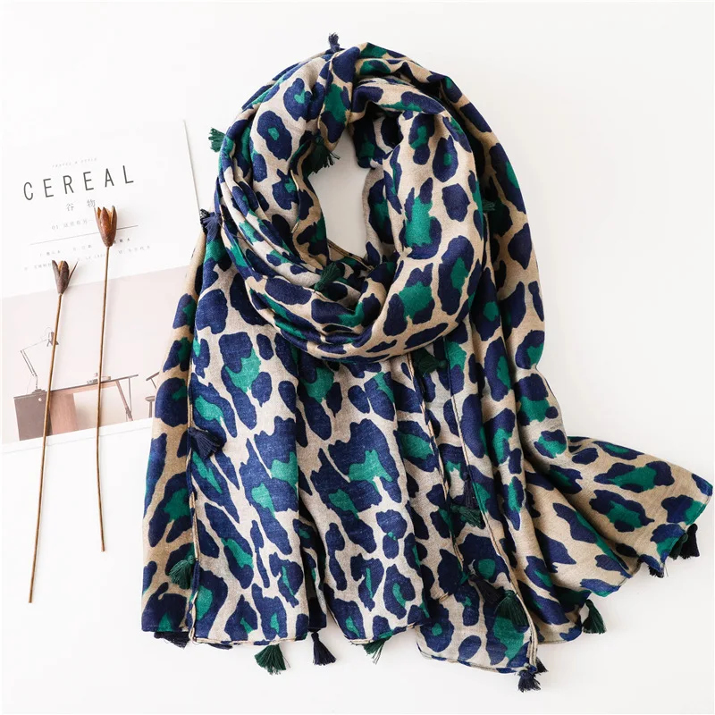 

Spring And Autumn Winter Scarf Ultra Large Cotton And Linen Scarf Shawl Dual-Use Classic Blue Leopard Women's Long Scarf