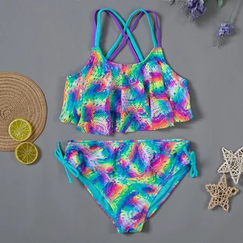 

6-16Years Girls Swimsuit 2020 New Ruffle Rainbow Swimsuit Large Size Two-pieces Children Bikini Set Hollow Out Beachwear 1089