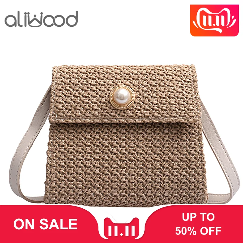 

aliwood Women Straw Bags Knitted Shoulder Bags Summer Pearl Buckle Beach Females Wicker Crossbody bags Bohemian Rattan Handbag