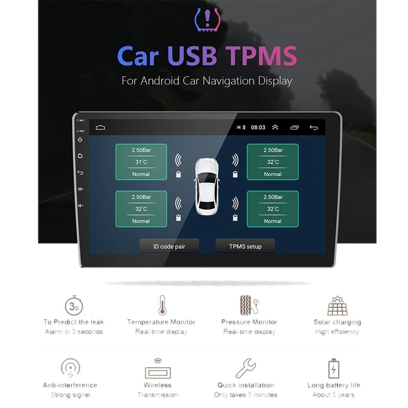 USB Android TPMS система контроля давления в шинах дисплей система сигнализации Внешние датчики Android навигация Автомагнитола 4 датчика