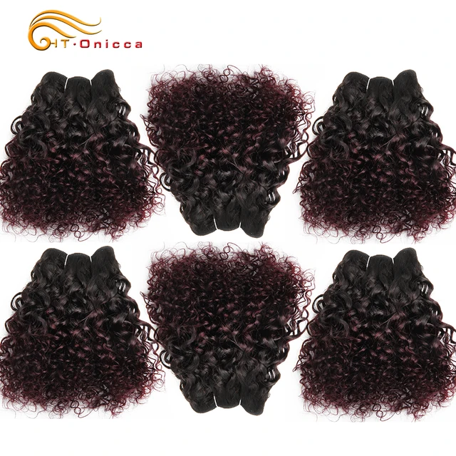6Pcs/Lot Peruvian Curly Bundles Jerry Curl Double Drawn Human Hair Remy Funmi Hair T1B 30 99J Colored Hair Extension Htonicca T1B 99J
