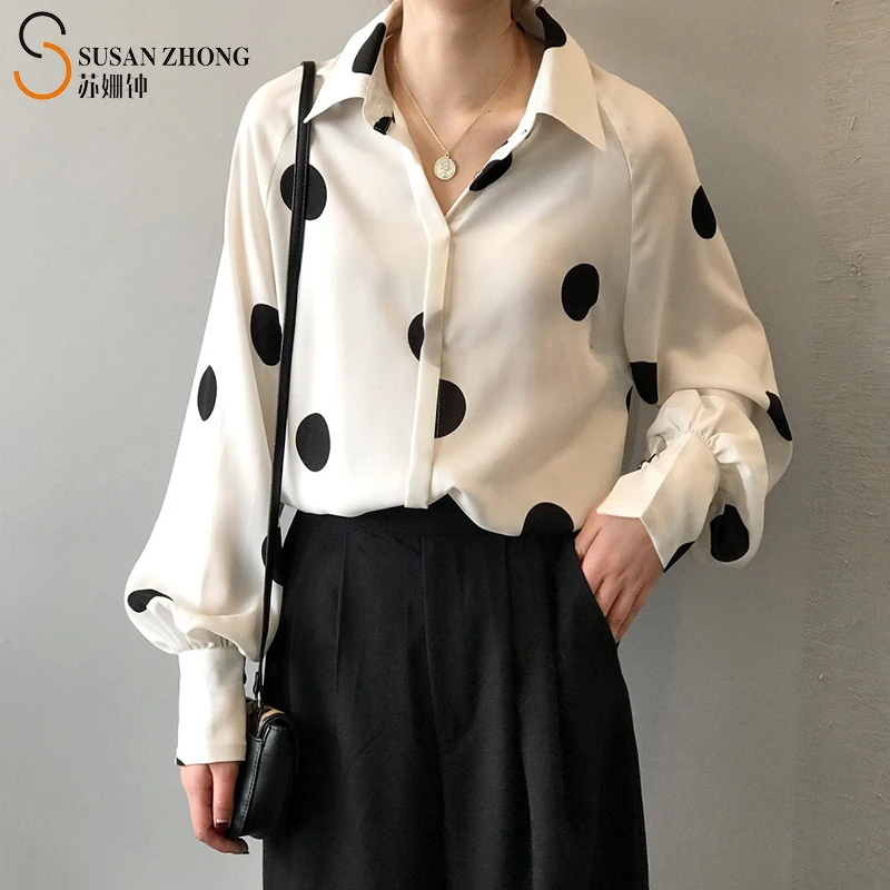 

Women Shirts Female Blouses Tops Full Long Lantern Sleeve Modern Official Polka Dot Poplin Vintage Oversize Loose Fall Turn-Down