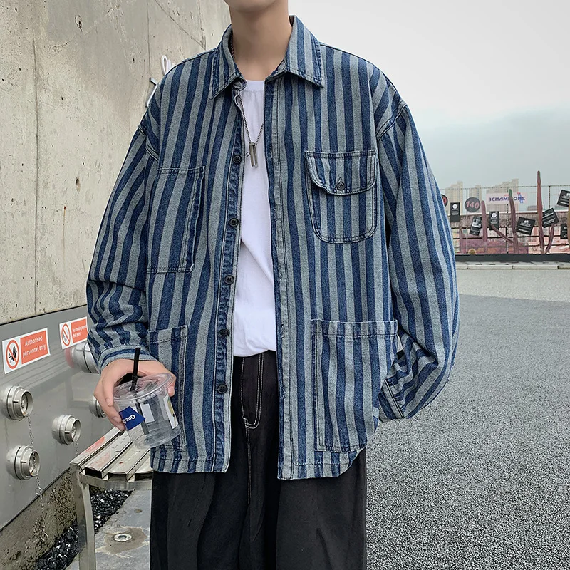 Striped multi-pocket denim shirt jacket 2021 spring and autumn men's tooling all-match loose collar jacket Mens Jean Coat