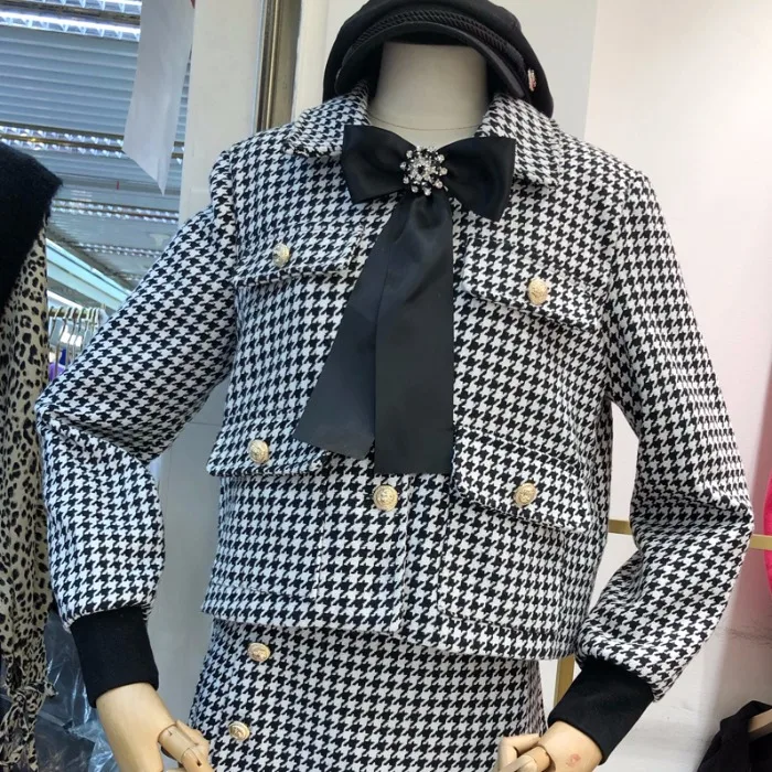 HAMALIEL High Quality Autumn Winter houndstooth Tweed 2 Piece Set Women Diamonds Bow Lapel Jacket+ Tassel Plaid Skirt Set