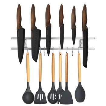 

Powerful Magnetic Knife Holder With 6 Hooks Wall Mounted 304 Stainless Steel Magnet Kitchen Knife Block Rack Strong Strip