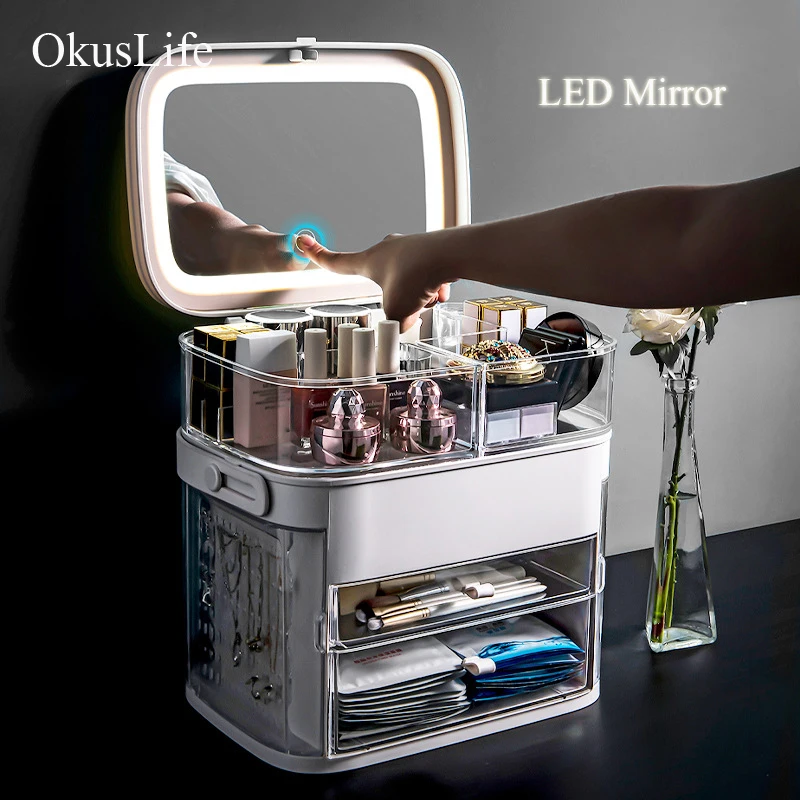 

2020 New Porfessional LED Mirror USB Rechargeable Makeup Organizer Cosmetic Storage Box Jewelry Collect Container Drawer