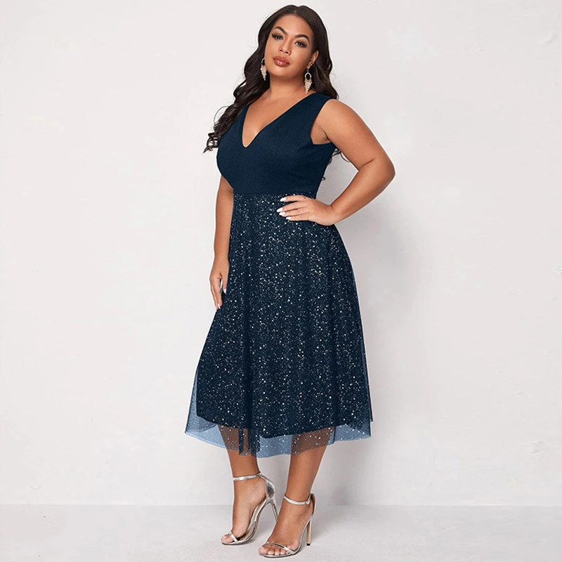 Женское платье-миди без рукавов с V-образным вырезом и высокой талией | Женская