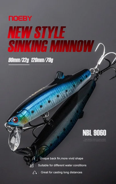 NOEBY Sinking Minnow Fishing Lures 90mm 32g 120mm 70g Long Casting