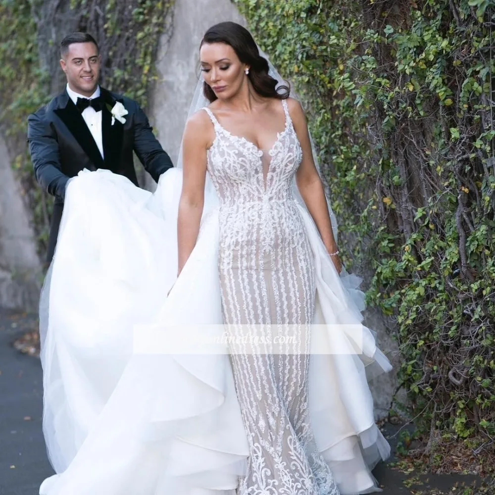 Vestidos De Novia Великолепные Свадебные платья Русалка Robe de Mariee сексуальное свадебное платье с v-образным вырезом, свадебное платье с бисером и кружевной аппликацией
