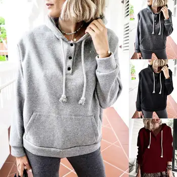 

3Colors Women's Fall Winter Solid Color Long Sleeve Hooded Drawstring Button Pocket Sweatshirt Top Plus Size S-3XL