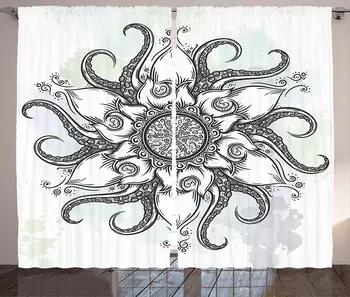 

Octopus Curtains Trippy Nautical Mandala Made Abstract Art Tentacle and Floral Elements Design Living Room Bedroom Window Decor