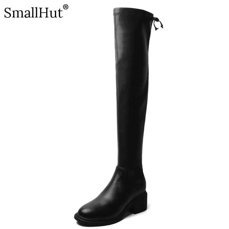 

Over the Knee High Boots Genuine Leather New 2019 Women Autumn Pointed Toe Ladies Square heel E207 Woman Black Winter Shoes