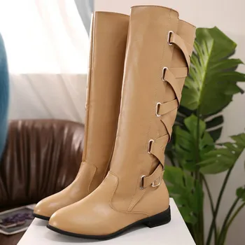 

2019 Large Size 43 Women's long Boots Shoes with Belt Buckle Straps Motorcycle Fashion Knee High shoes woman black brown booties