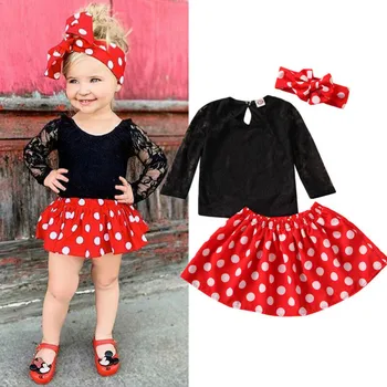 

pudcoco Lovely 3pcs Toddler Baby Girls Clothes set Lace Floral Top Shirt+Polka Dot Mini Skirt+Bow Headband Outfits Autumn 6M-4Y