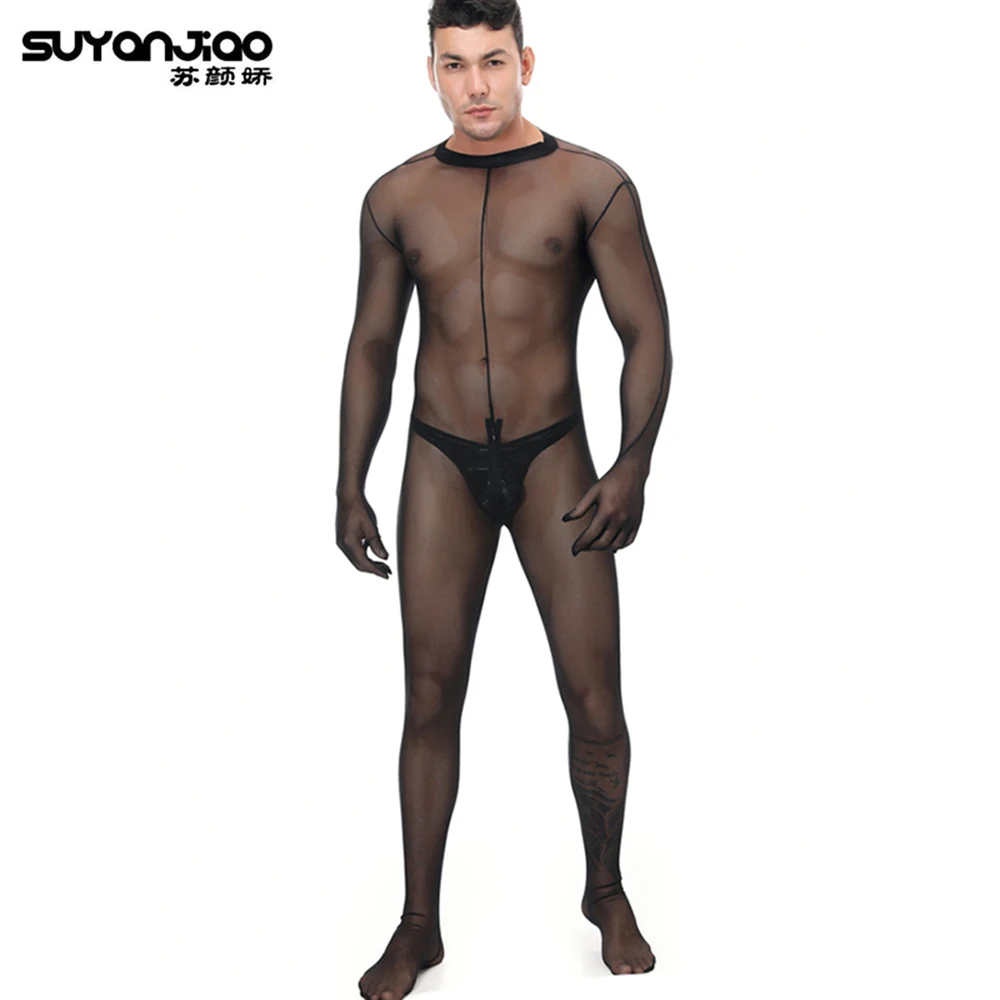 Black Transparent Mesh Male Bodystocking Catsuit + Patent Leather Cock Sock Stretchy Sexy Lingerie Set Mens Erotic Lingerie