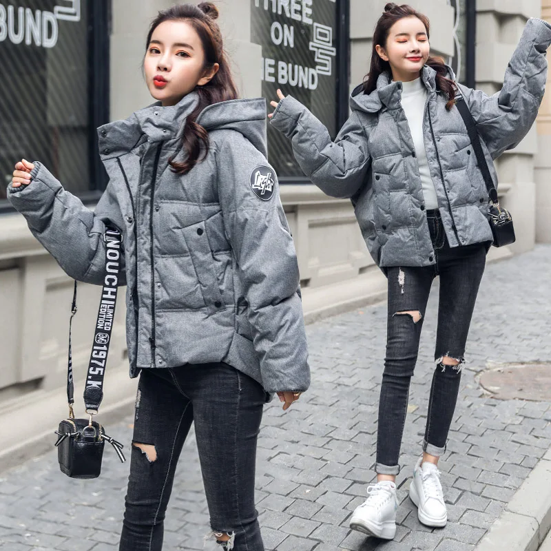 

Short Loose-Fit Versatile Comfortable Long Sleeve 2018 Winter New Style Solid Color Hooded Cotton-padded Clothes