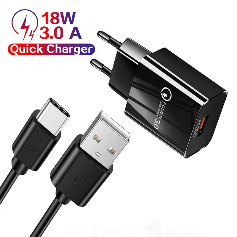 18W Quick Charge 3.0 USB Phone Charger For Samsung M32 M12 M21 A22 A32 A52 A72 A12 5G Wall Charger + Type-C USB Charging Cable quick charge 3.0