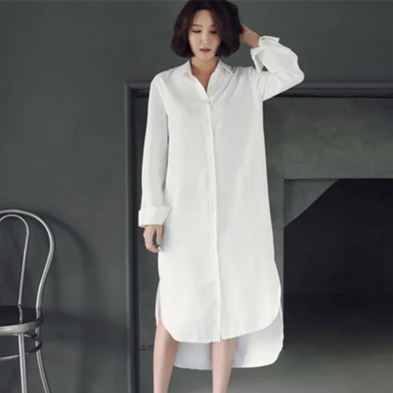 

2020 New Spring Summer Lapel Solid Color Single Breasted 100% Cotton Long Shirt Women Korea Fashion Blouse Tide V122