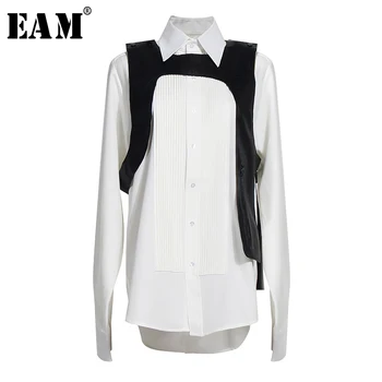 

[EAM] Women Pu Leather Belt Pleated Big Size Blouse New Lapel Long Sleeve Loose Fit Shirt Fashion Tide Spring Summer 2020 1U316