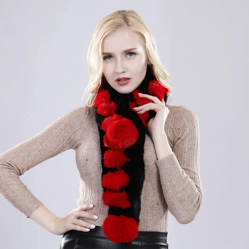 black red Розничная, зимний женский шарф из натурального кроличьего меха, натуральный теплый меховой шарф из меха кролика, Россия, леди, шарфы из натурального кроличьего меха - Цвет: black red
