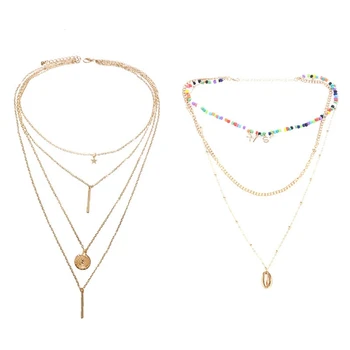 

2 Pcs Bohemian Long Pendant Necklaces Lady Multi-Layer Necklace Accessories, Gold Star & Beads Shell Kiss