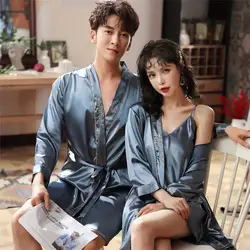 Champagne Wedding Men Silk Kimono Bathrobe Gown Relaxed Couple Honeymoon Nightwear Silk Hotel Robe Gown Belt Luxury Sleepwear