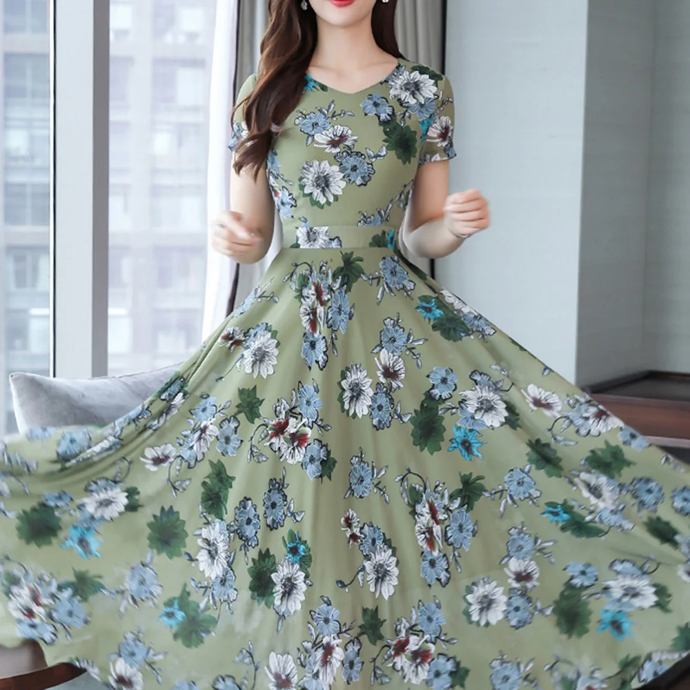 

Women's Dress Ladies Party Summer Floral MIDI Holiday Short Sleeved A Line Printed Sundress Beach Retro